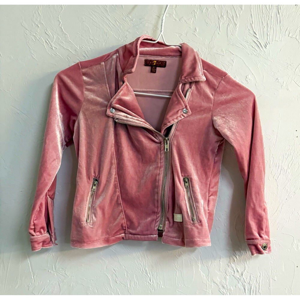 7 For All Mankind Girls Pink Velour Biker Full Zip Jacket, Size 4T